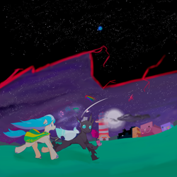 Size: 4096x4096 | Tagged: safe, artist:dariosparks, artist:planetarium, imported from derpibooru, oc, oc only, oc:allegro, oc:peaceful shore, changeling, pony, unicorn, accessory, blue mane, cape, changeling oc, clothes, collaboration, female, fireworks, g4, g5, happy, hoof polish, horn, kite, lighthouse, long mane, long tail, looking at each other, looking at someone, male, moon, night, planet, pony oc, purple sky, rainbow, running, shading, shiny eyes, simple background, smiling, space, sparkly wings, stars, stripes, tail, tree, two toned mane, unicorn oc, wings