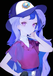 Size: 448x640 | Tagged: safe, editor:luckreza8, imported from derpibooru, princess luna, human, equestria girls, ai content, ai generated, anime, black background, female, generator:pinegraph, simple background, solo, vice principal luna