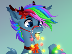 Size: 7559x5669 | Tagged: safe, alternate version, artist:buvanybu, imported from derpibooru, oc, oc only, oc:azure star (fauli1221), bat pony, pony, antlers, bow, bridle, christmas, christmas lights, fangs, holiday, open mouth, reindeer antlers, simple background, solo, tack, this will end in death, this will end in electrocution, this will not end well, tongue out, too dumb to live