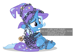 Size: 6400x4781 | Tagged: safe, artist:gypsykumquat, imported from derpibooru, trixie, pony, unicorn, comic:trixie tied up with chain, uncommon bond, bondage, cape, chained, chains, clothes, female, gritted teeth, hat, inkscape, lock, padlock, simple background, solo, sweat, sweatdrop, talking to viewer, teeth, text, transparent background, trixie's cape, trixie's hat, vector