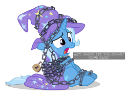 Size: 6400x4781 | Tagged: safe, artist:gypsykumquat, imported from derpibooru, trixie, comic:trixie tied up with chain, uncommon bond, bondage, cape, chained, chains, clothes, female, hat, inkscape, lock, open mouth, padlock, simple background, solo, sweat, sweatdrop, talking to viewer, text, transparent background, trixie's cape, trixie's hat, vector