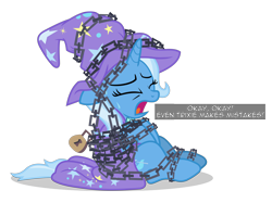 Size: 6400x4781 | Tagged: safe, artist:gypsykumquat, imported from derpibooru, trixie, pony, unicorn, comic:trixie tied up with chain, uncommon bond, bondage, cape, chained, chains, clothes, eyes closed, female, hat, inkscape, lock, open mouth, padlock, simple background, solo, sweat, sweatdrop, talking to viewer, text, transparent background, trixie's cape, trixie's hat, vector