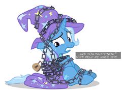 Size: 6400x4781 | Tagged: safe, artist:gypsykumquat, imported from derpibooru, trixie, pony, unicorn, comic:trixie tied up with chain, uncommon bond, bondage, cape, chained, chains, clothes, embarrassed, female, gritted teeth, hat, inkscape, lock, padlock, simple background, solo, sweat, sweatdrop, talking to viewer, teeth, text, transparent background, trixie's cape, trixie's hat, vector