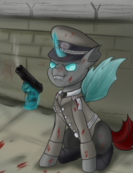 Size: 783x1021 | Tagged: safe, artist:kirieshka, imported from derpibooru, oc, oc only, oc:mader, changeling, berlin wall, changeling oc, clothes, cold war, east germany, gdr, german, glowing, glowing horn, gun, hat, horn, magic, male, military uniform, nva, officer, ostdeutschland, peaked cap, sitting, solo, telekinesis, uniform, wall, weapon