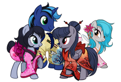 Size: 3843x2600 | Tagged: safe, artist:pandan009, derpibooru exclusive, imported from derpibooru, oc, oc only, oc:haisuu gaku, oc:sweet elis, oc:the luna fan, oc:yasei urami, earth pony, pegasus, unicorn, derpibooru community collaboration, 2023 community collab, blushing, clothes, earth pony oc, flower, high res, horn, kimono (clothing), looking at each other, looking at someone, pegasus oc, ribbon, show accurate, simple background, smiling, transparent background, unicorn oc