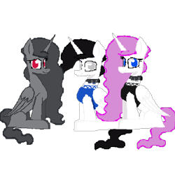 Size: 1400x1400 | Tagged: safe, artist:princessmoonlight, imported from derpibooru, oc, oc only, oc:loona izzy hellhound, oc:owen, oc:rosaria salem, alicorn, derpibooru community collaboration, 2023, 2023 community collab, alicorn oc, alicorns, black mane, blue eyes, choker, clothes, couples, gray coat, gray eyes, gray mane, horn, looking at you, pink mane, red eyes, short shirt, simple background, sitting, smiling, transparent background, wavy mane, white coat, wings