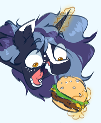 Size: 1404x1724 | Tagged: safe, artist:witchtaunter, imported from derpibooru, oc, oc:witching hour, pony, unicorn, burger, bust, ear fluff, faic, food, freckles, horn, magic, open mouth, simple background, sketch, solo, telekinesis, unicorn oc, white background, yellow eyes