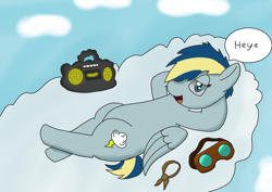 Size: 4960x3508 | Tagged: safe, artist:cookie dough, imported from derpibooru, oc, oc:thunder cloud, pegasus, pony, bandana, boombox, clothes on floor, cloud, female, goggles, hair over one eye, looking at you, lying down, pegasus oc, relaxing, short tail, tail, talking to viewer