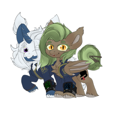 Size: 2800x2600 | Tagged: safe, artist:sundayrain, imported from derpibooru, oc, oc only, oc:archimedes, oc:nine lives, bat pony, pony, unicorn, derpibooru community collaboration, 2023 community collab, bat pony oc, bat wings, chest fluff, clothes, cloven hooves, colored wings, duo, ear fluff, horn, jumpsuit, looking at you, one eye closed, pipbuck, raised hoof, simple background, slit pupils, transparent background, two toned mane, two toned wings, unicorn oc, vault 86, vault suit, wings, wink