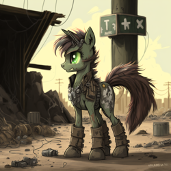 Size: 4096x4096 | Tagged: safe, imported from derpibooru, oc, pony, unicorn, fallout equestria, ai content, ai generated, boots, brown hair, brown mane, clothes, dirty, fallout, generator:midjourney, green body, green eyes, post-apocalyptic, shoes, solo, vest, wasteland