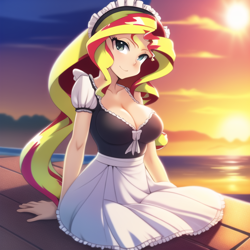 Size: 640x640 | Tagged: safe, imported from derpibooru, sunset shimmer, human, ai content, ai generated, anime, big breasts, breasts, busty sunset shimmer, cleavage, clothes, female, generator:novelai, generator:stable diffusion, human coloration, maid, ocean, solo, sunset, water