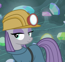 Size: 760x720 | Tagged: safe, imported from derpibooru, screencap, maud pie, earth pony, rock solid friendship, clothes, cropped, dress, female, gem, gem cave, helmet, mare, mining helmet, smiling, solo