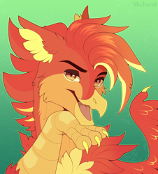 Size: 3372x3732 | Tagged: safe, artist:shchavel, imported from derpibooru, oc, oc only, griffon, bust, cheek fluff, chest fluff, claws, ear fluff, gradient background, griffon oc, neck fluff, open mouth, portrait, solo, sternocleidomastoid, wings