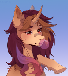 Size: 3350x3699 | Tagged: safe, artist:shchavel, imported from derpibooru, oc, oc only, unicorn, bubblegum, bust, food, gradient background, gum, horn, portrait, solo, sternocleidomastoid, unicorn oc