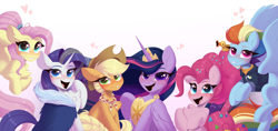 Size: 4096x1936 | Tagged: safe, artist:kebchach, derpibooru exclusive, imported from derpibooru, applejack, fluttershy, pinkie pie, rainbow dash, rarity, twilight sparkle, alicorn, earth pony, pegasus, pony, unicorn, the last problem, crown, eyebrows, female, flying, folded wings, grin, group, heart, jewelry, looking at you, mane six, mare, older, older applejack, older fluttershy, older mane six, older pinkie pie, older rainbow dash, older rarity, older twilight, open mouth, open smile, peytral, princess twilight 2.0, regalia, sextet, simple background, smiling, smiling at you, spread wings, twilight sparkle (alicorn), white background, wings