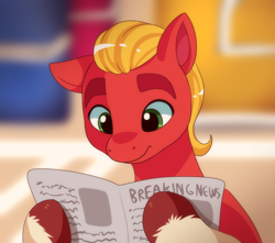 Size: 1494x1319 | Tagged: safe, artist:malarkey, imported from derpibooru, sprout cloverleaf, earth pony, pony, daily sprout, g5, male, newspaper, one ear down, solo, stallion