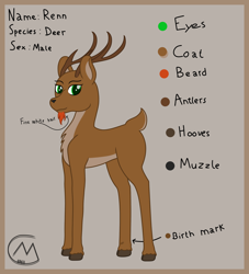 Size: 3200x3527 | Tagged: safe, artist:maître cervidé, imported from derpibooru, oc, oc:renn, deer, antlers, cloven hooves, deer oc, green eyes, male, non-pony oc, pale belly, reference sheet, simple background, solo