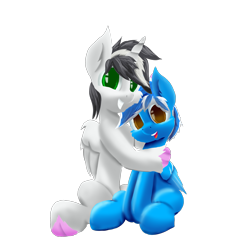 Size: 2048x2048 | Tagged: safe, artist:dianetgx, imported from derpibooru, oc, oc only, oc:mobius, oc:silvia cascadia, hippogriff, pegasus, pony, unicorn, derpibooru community collaboration, 2023 community collab, couple, duo, hug, looking at you, male, pegasus oc, simple background, sitting, smiling, smiling at you, stallion, transparent background