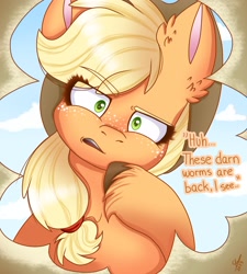 Size: 2035x2266 | Tagged: safe, artist:galaxy swirl, imported from derpibooru, applejack, earth pony, pony, worm, applejack's hat, cowboy hat, ear fluff, female, freckles, hat, looking at you, mare, offscreen character, pov, solo, stetson, talking to herself, unshorn fetlocks