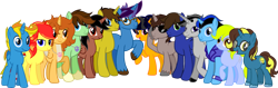 Size: 3775x1200 | Tagged: safe, artist:crisostomo-ibarra, imported from derpibooru, oc, oc only, oc:aspen, oc:author penfeather, oc:bright idea, oc:chaud starpower, oc:connie the casanova, oc:cyber gamer, oc:jessica pedley, oc:midnight shadows, oc:paint sketch, oc:princess fantasy star, oc:radiant sword, oc:ryan, oc:silvermane, oc:summer sketch, alicorn, earth pony, pegasus, pony, unicorn, derpibooru community collaboration, 2023 community collab, alicorn oc, earth pony oc, female, folded wings, freckles, glasses, grin, group, high res, hooves, horn, jewelry, looking at you, male, mare, necklace, peace symbol, pegasus oc, raised hoof, simple background, smiling, smiling at you, stallion, standing, transparent background, two toned mane, unicorn oc, unshorn fetlocks, wall of tags, watch, wings
