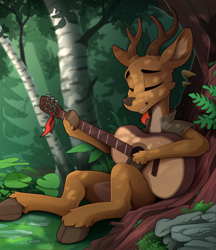 Size: 830x962 | Tagged: safe, artist:yakovlev-vad, imported from derpibooru, oc, oc only, oc:renn, deer, original species, antlers, beard, cloven hooves, commission, eyes closed, facial hair, forest, guitar, hoof hold, looking left, male, musical instrument, plants, rock, solo, tree