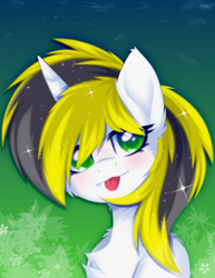 Size: 1544x2003 | Tagged: safe, artist:fluffywhirlpool, imported from derpibooru, oc, oc only, oc:yellowglaze, pony, unicorn, :p, bust, chest fluff, cute, digital art, ear fluff, horn, looking at you, portrait, solo, sparkly mane, tongue out, two toned mane, unicorn oc