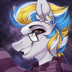 Size: 1500x1500 | Tagged: safe, artist:trickate, imported from derpibooru, oc, oc only, oc:alan techard, pegasus, pony, clothes, facial hair, glasses, icon, male, pegasus oc, scarf, solo, striped scarf