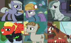 Size: 2559x1536 | Tagged: safe, edit, edited screencap, imported from derpibooru, screencap, limestone pie, marble pie, maud pie, mudbriar, short fuse, trouble shoes, earth pony, pegasus, pony, appleoosa's most wanted, hearthbreakers, rock solid friendship, the maud couple, the washouts (episode), barrel, clothes, cropped, dress, excited, female, hat, helmet, limefuse, male, marbleshoes, mare, maudbriar, mining helmet, pie sisters, shipping, shipping domino, siblings, sisters, smiling, stallion, stone bread, straight, sweet bun, sweet roll, uniform, washouts uniform