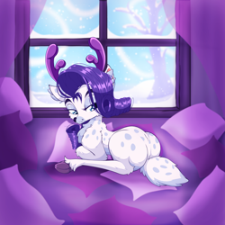 Size: 2500x2500 | Tagged: safe, artist:rurihal, imported from derpibooru, part of a set, rarity, deer, chest fluff, cloven hooves, deerified, ear fluff, female, fluffy, indoors, lidded eyes, looking at you, rarideer, snow, solo, species swap, window, winter