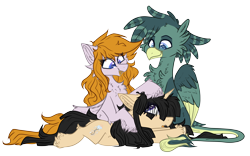 Size: 9896x6184 | Tagged: safe, artist:tizhonolulu, imported from derpibooru, oc, oc only, oc:cookie byte, oc:tiz honolulu, griffon, pegasus, pony, unicorn, derpibooru community collaboration, 2023 community collab, cheek fluff, chest fluff, griffon oc, heart, heart eyes, high res, hoof fluff, horn, long hair, pegasus oc, simple background, transparent background, trio, unicorn oc, wingding eyes, wings