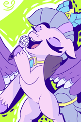 Size: 2000x3000 | Tagged: safe, artist:papacruda09, imported from derpibooru, queen haven, pegasus, pony, abstract background, adorahaven, belly, cute, eyes closed, female, g5, happy, mare, microphone, open mouth, simple background, singing, slim, spread wings, thin, wings