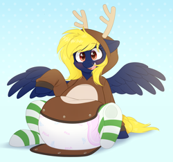 Size: 3000x2805 | Tagged: safe, artist:shuphle, imported from derpibooru, oc, oc:naveen numbers, pegasus, pony, adult foal, clothes, costume, diaper, diaper fetish, fetish, kigurumi, non-baby in diaper, onesie, open mouth, open smile, pegasus oc, poofy diaper, smiling, socks, striped socks