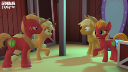 Size: 3413x1920 | Tagged: safe, artist:gradiusfanatic, imported from derpibooru, applejack, big macintosh, earth pony, pony, 3d, applejack (male), crossgender, female, grin, looking at each other, looking at someone, macareina, male, nervous, nervous grin, r63 paradox, rule 63, self paradox, self ponidox, smiling, source filmmaker, wide eyes