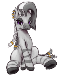 Size: 1000x1200 | Tagged: safe, artist:grayk, derpibooru exclusive, imported from derpibooru, oc, oc only, oc:ohki, pony, zebra, derpibooru community collaboration, 2023 community collab, bedroom eyes, braid, braided tail, drink, ear piercing, earring, eyeshadow, frog (hoof), jewelry, looking at you, makeup, piercing, purple eyes, simple background, sitting, solo, tail, transparent background, underhoof, zebra oc