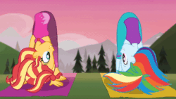 Size: 520x293 | Tagged: safe, imported from derpibooru, screencap, rainbow dash, sunset shimmer, human, equestria girls, wake up!, spoiler:eqg series (season 2), animated, barefoot, bent over, duo, duo female, feet, female