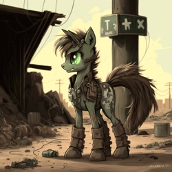 Size: 4096x4096 | Tagged: safe, edit, imported from derpibooru, oc, pony, unicorn, fallout equestria, ai content, ai generated, boots, brown hair, brown mane, clothes, dirty, fallout, generator:midjourney, green body, green eyes, horn, post-apocalyptic, shoes, unicorn oc, vest, wasteland