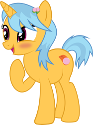 Size: 3268x4360 | Tagged: safe, artist:wissle, imported from derpibooru, oc, oc only, oc:rubin hood, pony, unicorn, derpibooru community collaboration, 2023 community collab, blushing, cute, description is relevant, female, hairpin, happy, high res, horn, looking sideways, mare, open mouth, raised leg, simple background, smiling, solo, transparent background, unicorn oc, vector