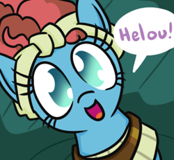 Size: 303x280 | Tagged: safe, artist:jargon scott, imported from derpibooru, meadowbrook, earth pony, pony, cute, female, hi anon, looking at you, mare, meadowcute, meme, no pupils, open mouth, open smile, smiling, solo, speech bubble