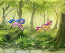 Size: 6400x5280 | Tagged: safe, artist:laymy, imported from derpibooru, izzy moonbow, sunny starscout, earth pony, pony, unicorn, absurd resolution, bag, concave belly, duo, duo female, featured image, female, floppy ears, forest, forest background, g5, hooves, log, looking at each other, looking at someone, mare, my little pony: a new generation, outdoors, rock, running, saddle bag, scenery, shipping fuel, smiling, tree, water