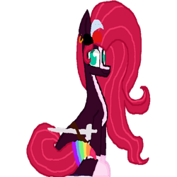 Size: 1200x1200 | Tagged: safe, artist:princessmoonlight, imported from derpibooru, oc, oc only, oc:painted lilly, earth pony, pony, derpibooru community collaboration, 2023, 2023 community collab, colored belly, curly hair, dc comics, harley quinn, looking at you, multicolored mane, nonbinary, pale belly, pirate, simple background, sitting, smiling, solo, transparent background, wavy mane