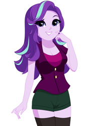 Size: 1148x1588 | Tagged: safe, artist:rosemile mulberry, imported from derpibooru, starlight glimmer, human, equestria girls, breasts, busty starlight glimmer, cleavage, clothes, dreamworks face, eye clipping through hair, eyebrows, eyebrows visible through hair, female, grin, looking at you, pants, raised eyebrow, reasonably sized breasts, simple background, smiling, smiling at you, socks, solo, thigh highs, white background