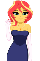 Size: 754x1158 | Tagged: safe, artist:rosemile mulberry, imported from derpibooru, sunset shimmer, human, equestria girls, bare shoulders, breasts, cleavage, clothes, dress, evening gloves, female, gloves, jewelry, long gloves, looking at you, necklace, raised hand, simple background, sleeveless, solo, strapless, white background