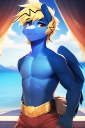 Size: 2048x3072 | Tagged: safe, imported from derpibooru, oc, oc only, oc:thunder lightning, anthro, pegasus, ai content, ai generated, beach, clothes, male, partial nudity, solo, topless