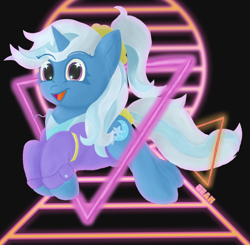 Size: 4901x4800 | Tagged: safe, artist:gean, imported from derpibooru, trixie, pony, unicorn, 80s, clothes, happy, jacket, jumping, laser, ponytail, solo, stars, synthwave, watermark, wingding eyes