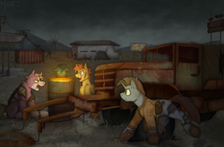 Size: 3200x2100 | Tagged: safe, artist:molars, imported from derpibooru, oc, oc only, oc:aiden, earth pony, pony, unicorn, fallout equestria, apocalypse, armor, background character, bandage, barrel, billboard, bloodstain, bloody bandage, blue fur, boots, brown mane, bust, clothes, cloudy sky, commission, detailed background, fallout, fallout equestria oc, fire, full body, grass, gun, handgun, harness, holster, in the distance, insane smile, lighting, male, multiple characters, open mouth, pink fur, pistol, pocket, portrait, raised hoof, rust, scar, shading, shipping container, shirt, shoes, short mane, skywagon, smiling, stallion, tack, tail, tail wrap, telephone pole, truck, unshorn fetlocks, vehicle, water bottle, weapon, wearing clothes, wires, yellow fur