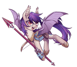 Size: 2515x2217 | Tagged: safe, artist:longfeather, imported from derpibooru, oc, oc only, oc:sunset cloudy, bat pony, pony, armor, bag, bat pony oc, bow (weapon), ear fluff, female, flying, glasses, guardsmare, hoof shoes, mare, royal guard, saddle bag, simple background, slim, solo, spear, spread wings, thin, transparent background, weapon, wings