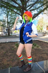 Size: 639x960 | Tagged: safe, artist:mikuleroux, imported from derpibooru, rainbow dash, human, clothes, cosplay, costume, irl, irl human, multicolored hair, photo, rainbow hair, rainbow socks, socks, striped socks