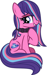 Size: 817x1313 | Tagged: safe, artist:lightningbolt, derpibooru exclusive, imported from derpibooru, oc, oc only, oc:serenity pond, earth pony, pony, derpibooru community collaboration, .svg available, 2023 community collab, collar, earth pony oc, female, happy, hoof on chest, looking at you, mare, raised hoof, show accurate, simple background, sitting, smiling, solo, svg, tail, transparent background, vector