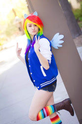Size: 640x960 | Tagged: safe, artist:mikuleroux, imported from derpibooru, rainbow dash, human, clothes, cosplay, costume, irl, irl human, multicolored hair, photo, rainbow hair, rainbow socks, socks, striped socks