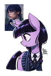 Size: 900x1334 | Tagged: safe, artist:fanzeem, imported from derpibooru, twilight sparkle, human, pony, unicorn, alternate hairstyle, braid, braided pigtails, clothes, necktie, parody, pigtails, ponified, simple background, solo, suit, unicorn twilight, wednesday (series), wednesday addams, wednesday sparkle, white background